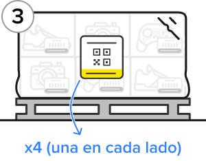 Ejemplo de pallet envuelto con film transparente y 4 etiquetas de pallet de productos diferentes (una en cada lado)